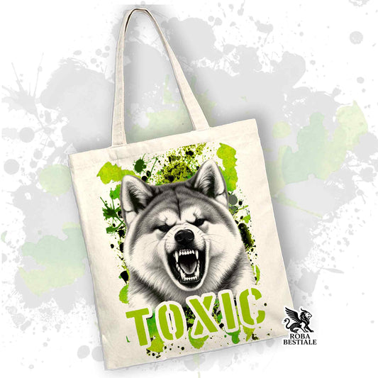 Borsa tote in tela bianca con grafica TOXIC verde e cane AKITA in primo piano