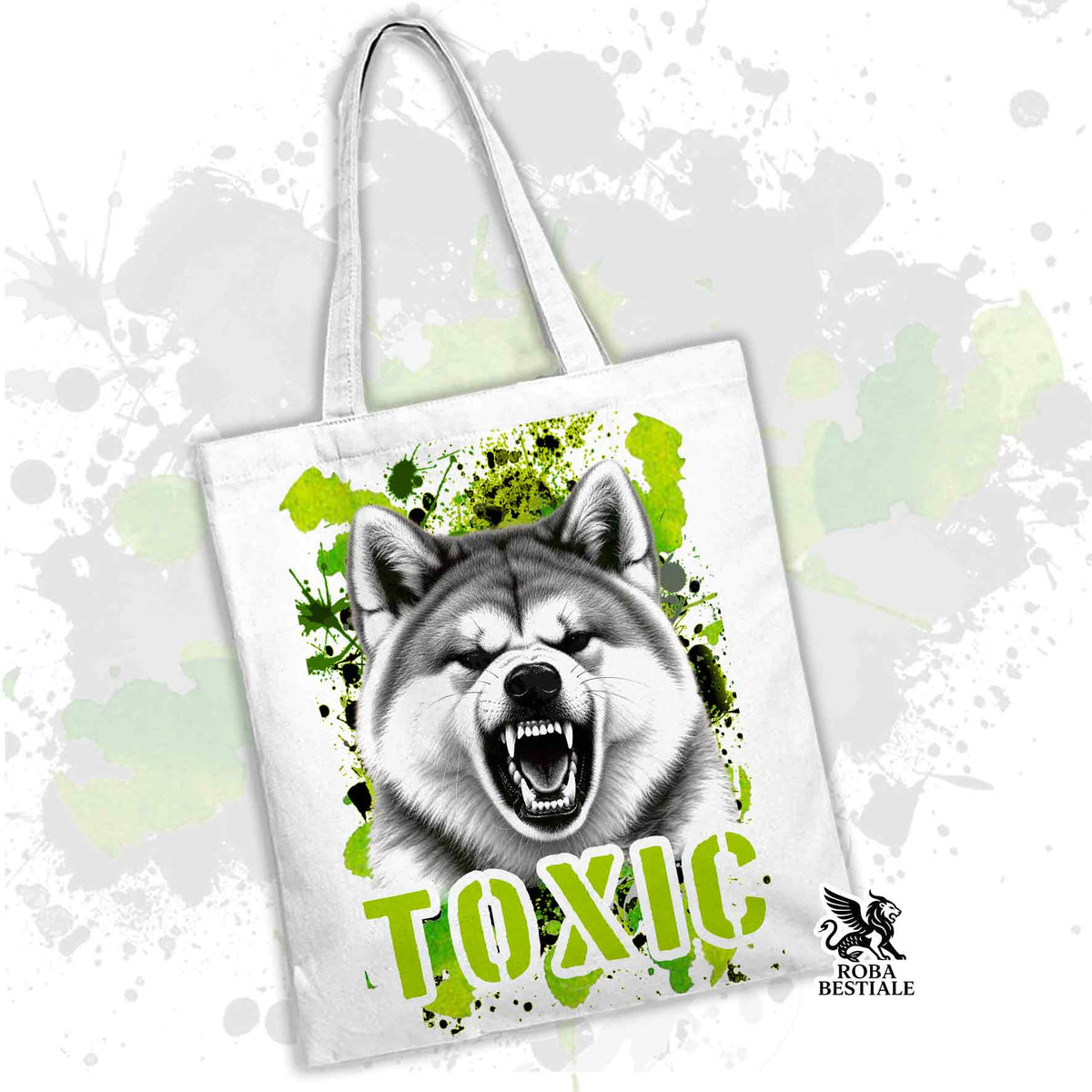 Borsa tote bianca con cane AKITA grigio e scritta TOXIC verde