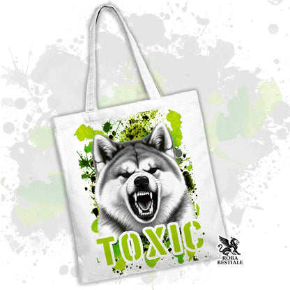Borsa tote bianca con cane AKITA grigio e scritta TOXIC verde