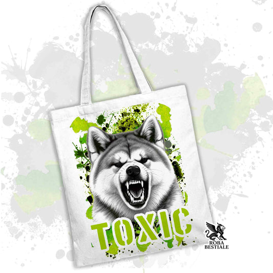 Borsa tote bianca con cane AKITA grigio e scritta TOXIC verde
