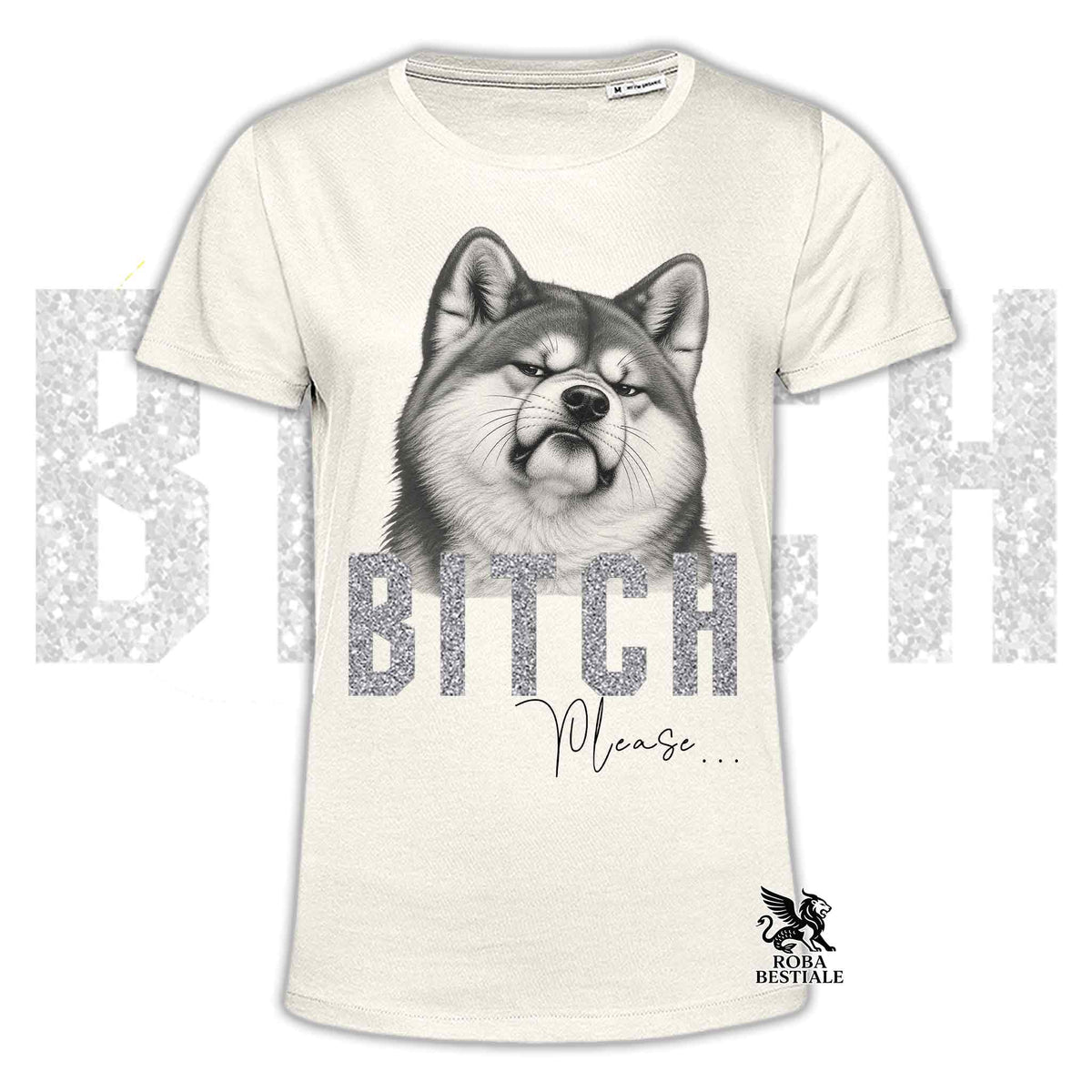 Maglietta chiara con stampa husky e scritte “BITCA” e “Please” sul davanti.