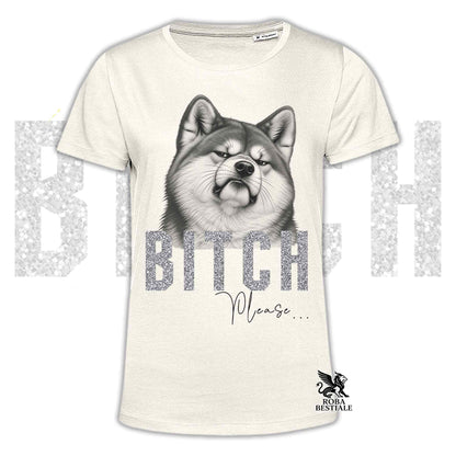 Maglietta chiara con stampa husky e scritte “BITCA” e “Please” sul davanti.