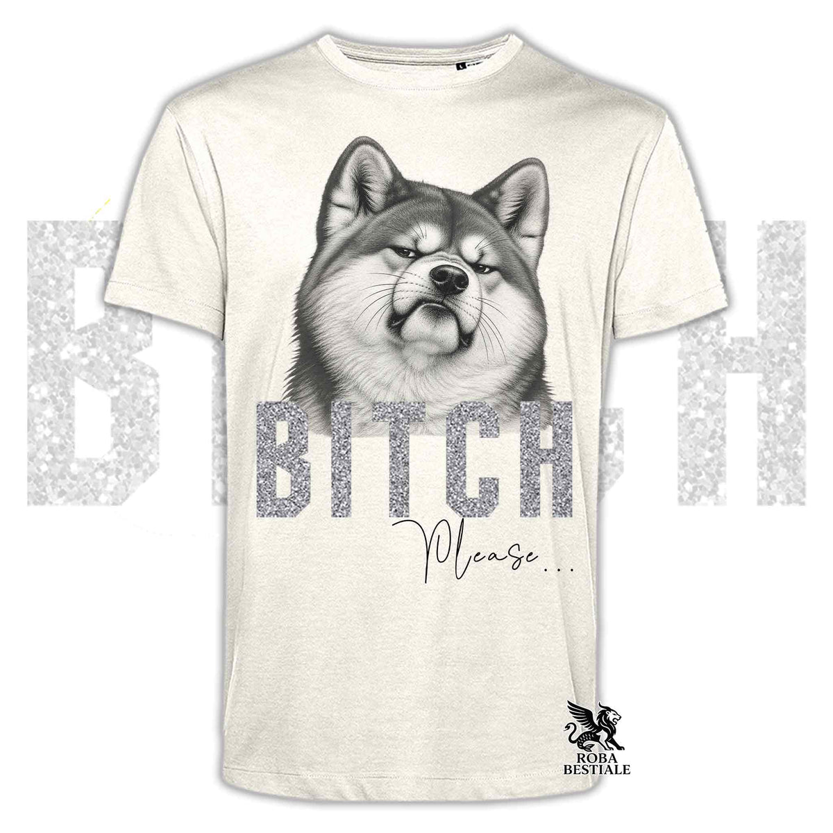 Maglietta chiara con stampa husky in grigio, testo “BITCA” e “Please…”.