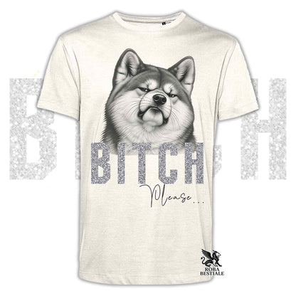 Maglietta chiara con stampa husky in grigio, testo “BITCA” e “Please…”.