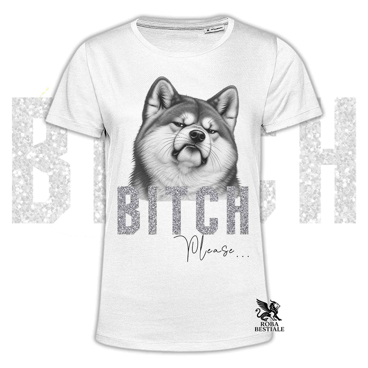 Maglietta chiara con stampa husky e scritta “BITCA” “Please” con logo in basso a destra.