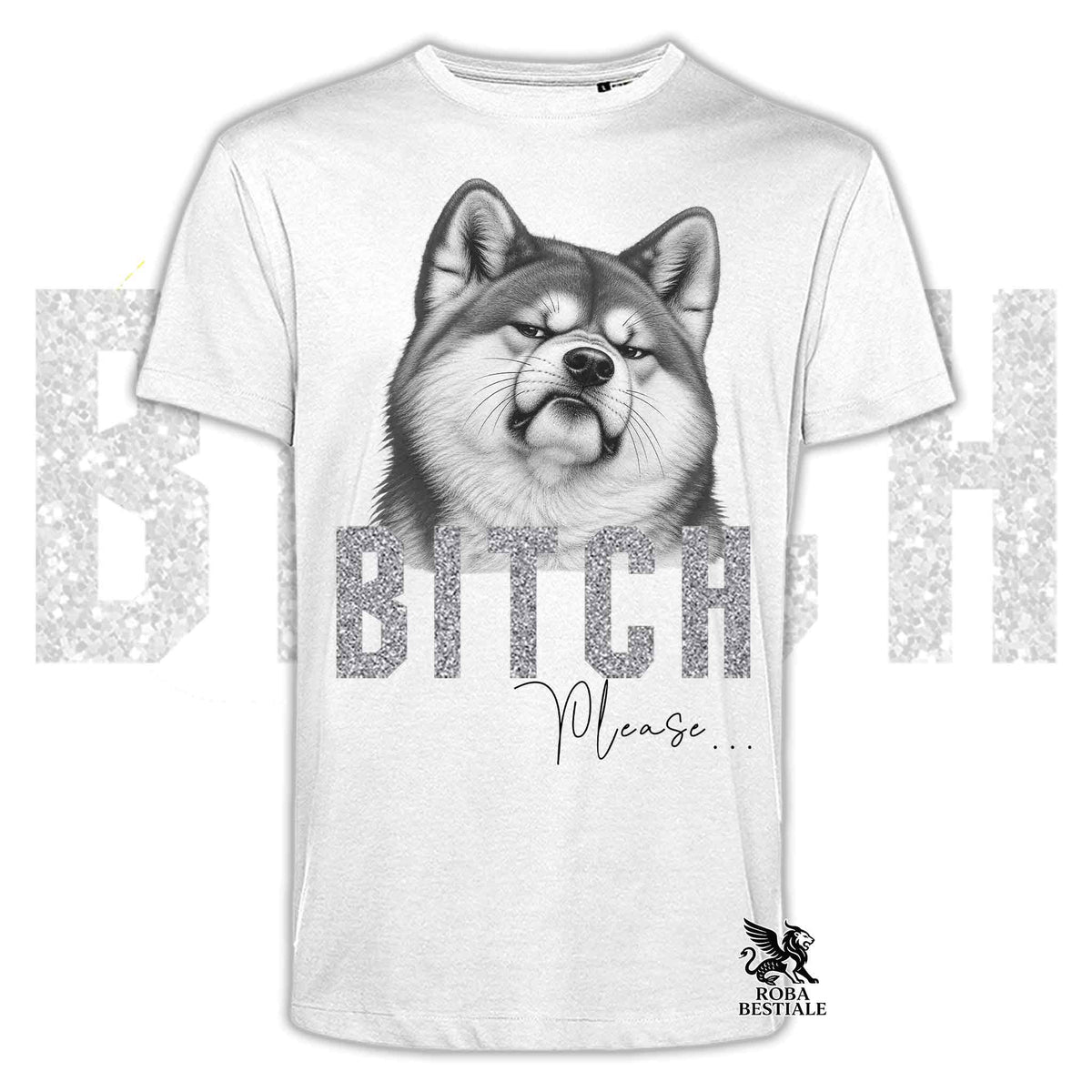 Maglietta chiara con stampa husky, scritte “BITCA” e “Please”, logo “ROBA BESTIALE”.