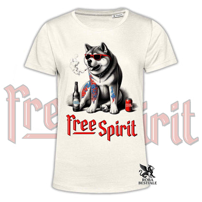 T-shirt beige con stampa Akita con occhiali rossi e scritta Free Spirit, logo ROBA BESTIALE