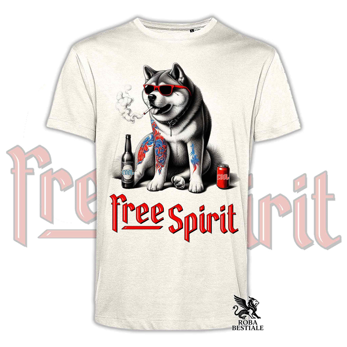 T-shirt bianca con stampa Akita con occhiali rossi, scritta Free Spirit e logo ROBA BESTIALE