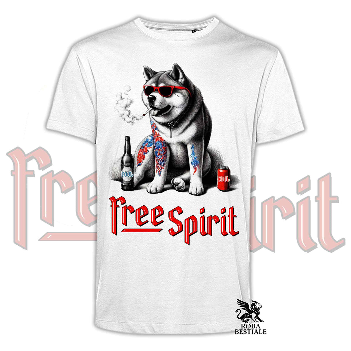 T-shirt bianca con stampa Akita con occhiali rossi e scritta Free Spirit, logo ROBA BESTIALE