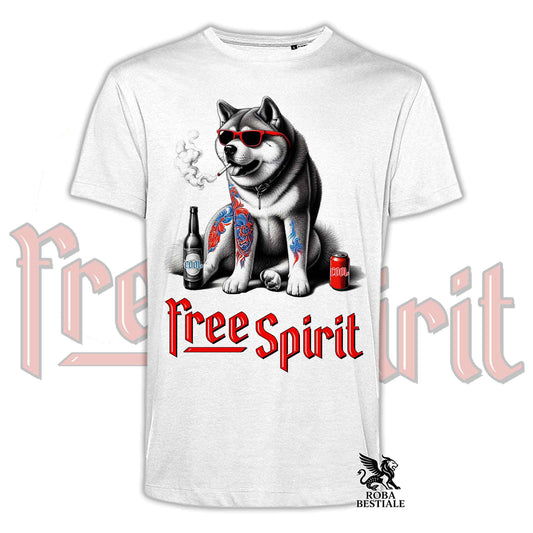 T-shirt bianca con stampa Akita con occhiali rossi e scritta Free Spirit, logo ROBA BESTIALE