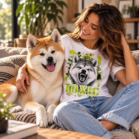 T-shirt bianca stampata con un Akita Inu con espressione arrabbiata. Grafica originale Roba Bestiale, collezione Toxic