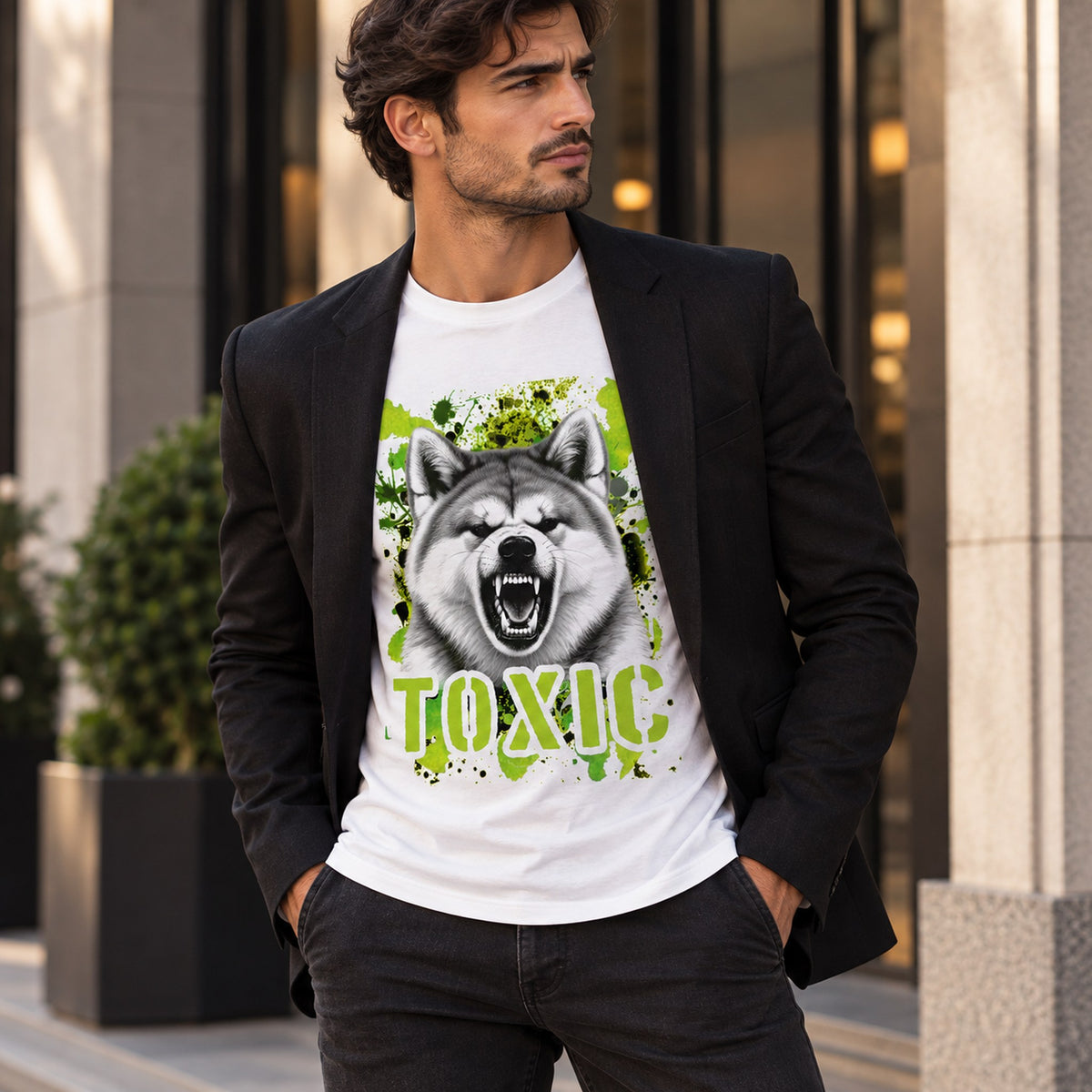 T-shirt bianca stampata con un Akita Inu con espressione arrabbiata. Grafica originale Roba Bestiale, collezione Toxic