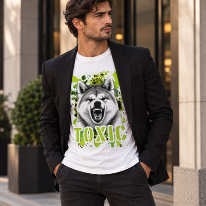 T-shirt bianca stampata con un Akita Inu con espressione arrabbiata. Grafica originale Roba Bestiale, collezione Toxic