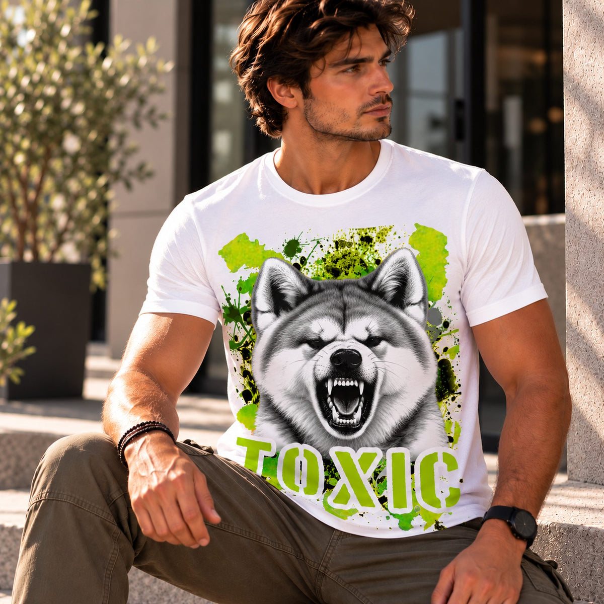 T-shirt bianca stampata con un Akita Inu con espressione arrabbiata. Grafica originale Roba Bestiale, collezione Toxic