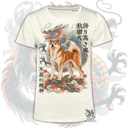 Maglietta beige stampata con un Akita Inu rosso e un drago, con kanji giapponesi. Collezione di Roba Bestiale
