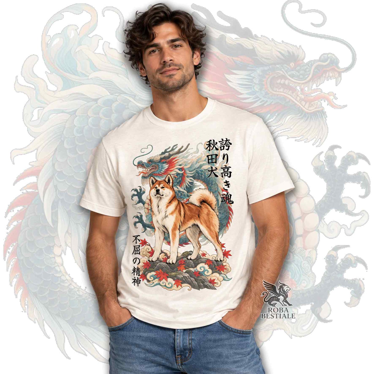 Modello con un maglietta beige stampata con un Akita Inu rosso e un drago, con kanji giapponesi. Collezione di Roba Bestiale