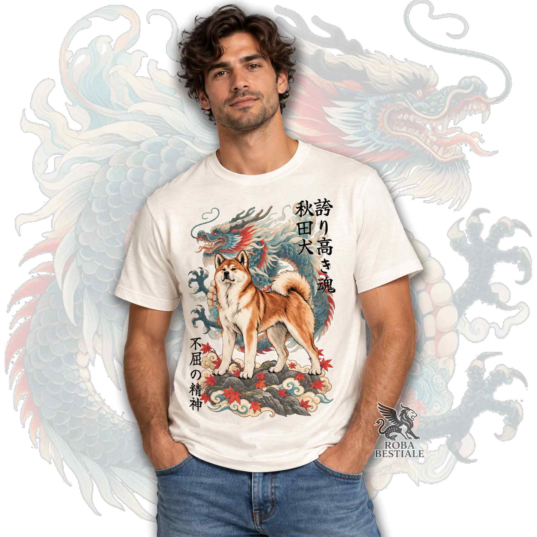 Modello con un maglietta beige stampata con un Akita Inu rosso e un drago, con kanji giapponesi. Collezione di Roba Bestiale
