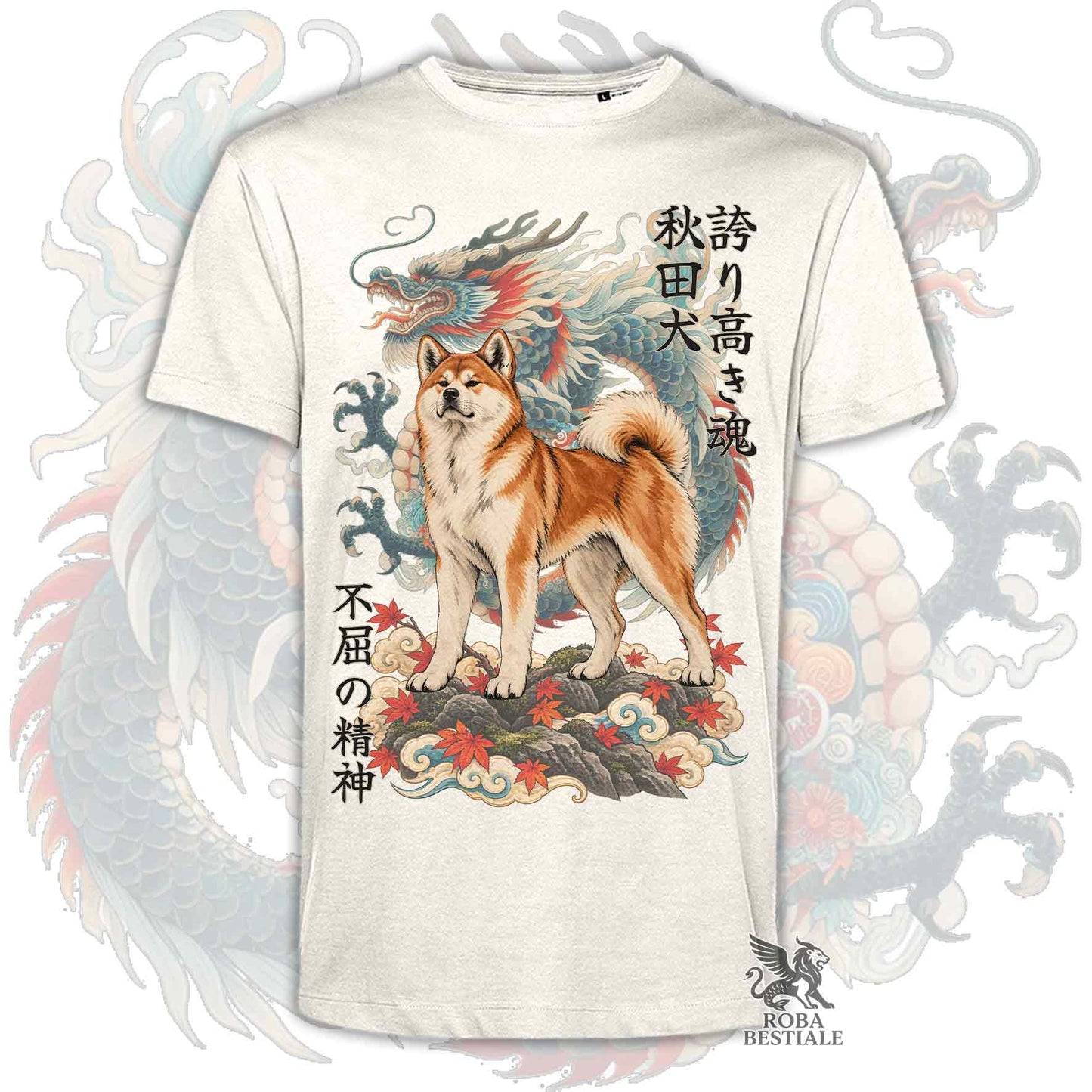 Maglietta beige stampata con un Akita Inu rosso e un drago, con kanji giapponesi. Collezione di Roba Bestiale