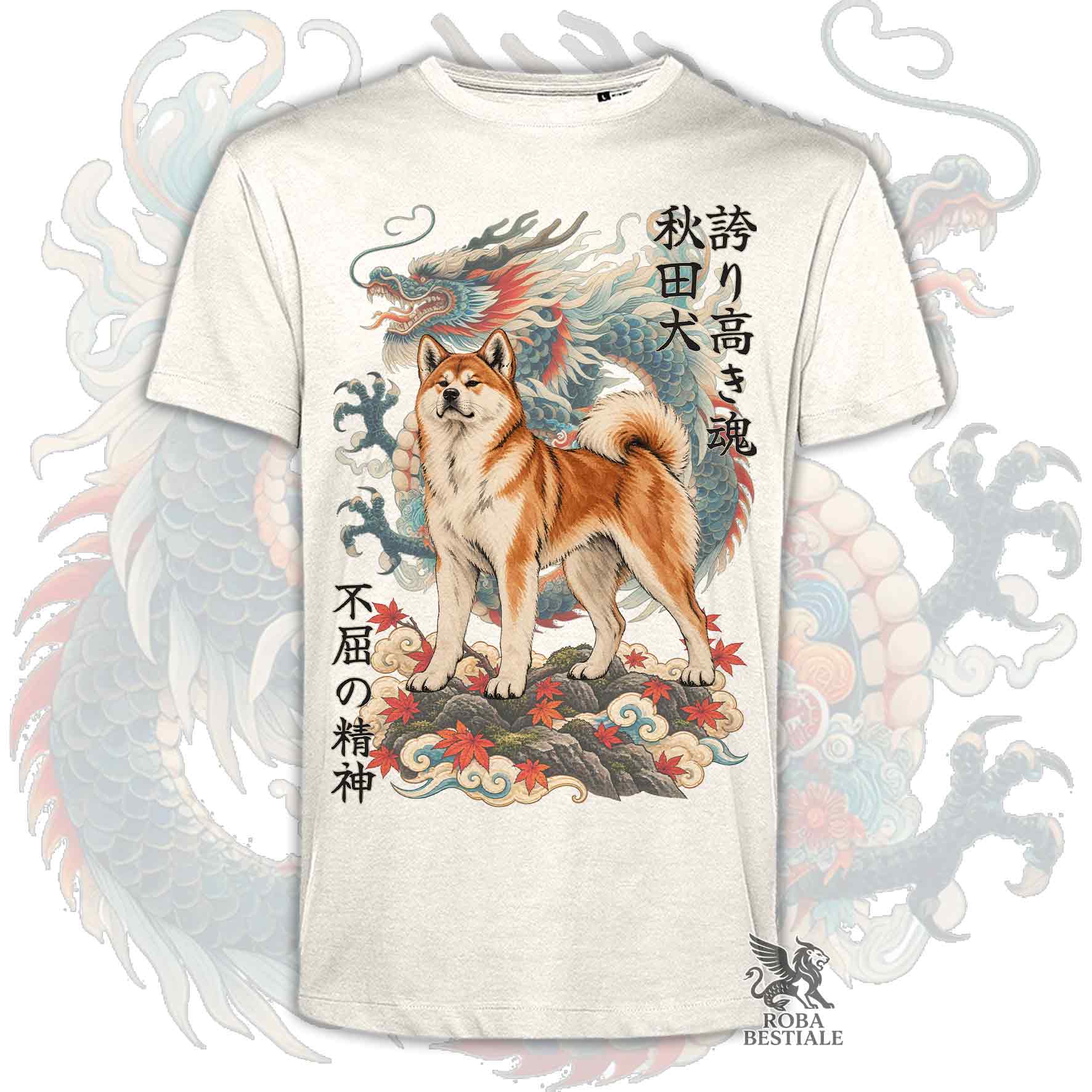 Maglietta beige stampata con un Akita Inu rosso e un drago, con kanji giapponesi. Collezione di Roba Bestiale