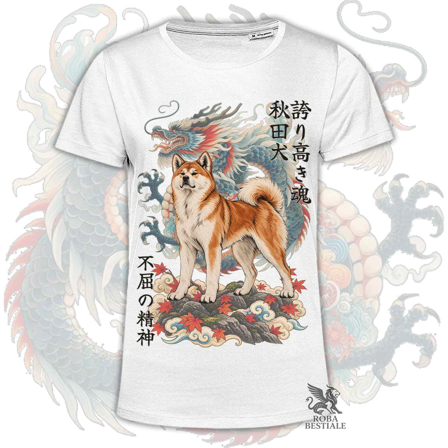 Maglietta bianca stampata con un Akita Inu rosso e un drago, con kanji giapponesi. Collezione di Roba Bestiale