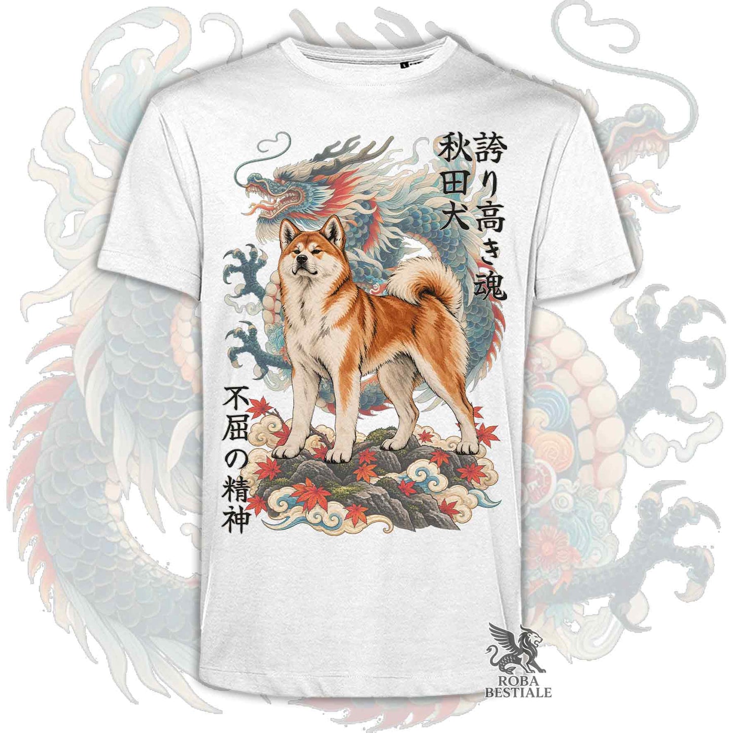 Maglietta bianca stampata con un Akita Inu rosso e un drago, con kanji giapponesi. Collezione di Roba Bestiale