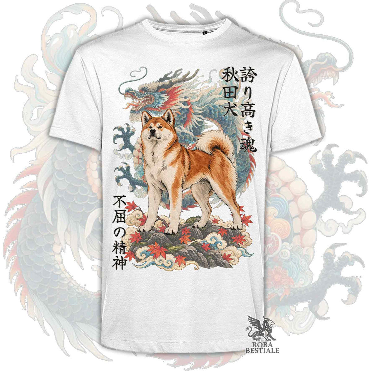 Maglietta bianca stampata con un Akita Inu rosso e un drago, con kanji giapponesi. Collezione di Roba Bestiale