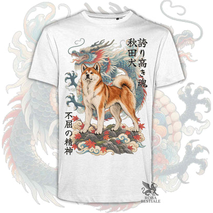 Maglietta bianca stampata con un Akita Inu rosso e un drago, con kanji giapponesi. Collezione di Roba Bestiale