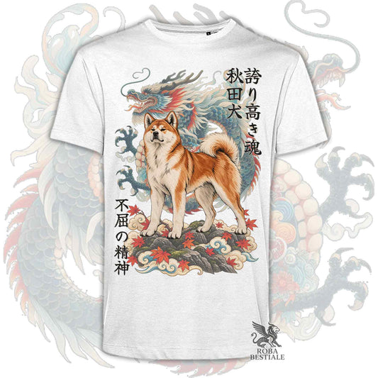 Maglietta bianca stampata con un Akita Inu rosso e un drago, con kanji giapponesi. Collezione di Roba Bestiale