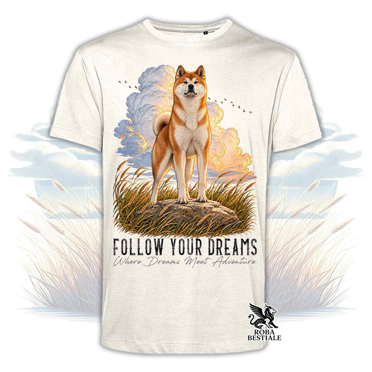 T-shirt bianca stampata con un Akita Inu. Grafica originale Roba Bestiale, collezione Dream