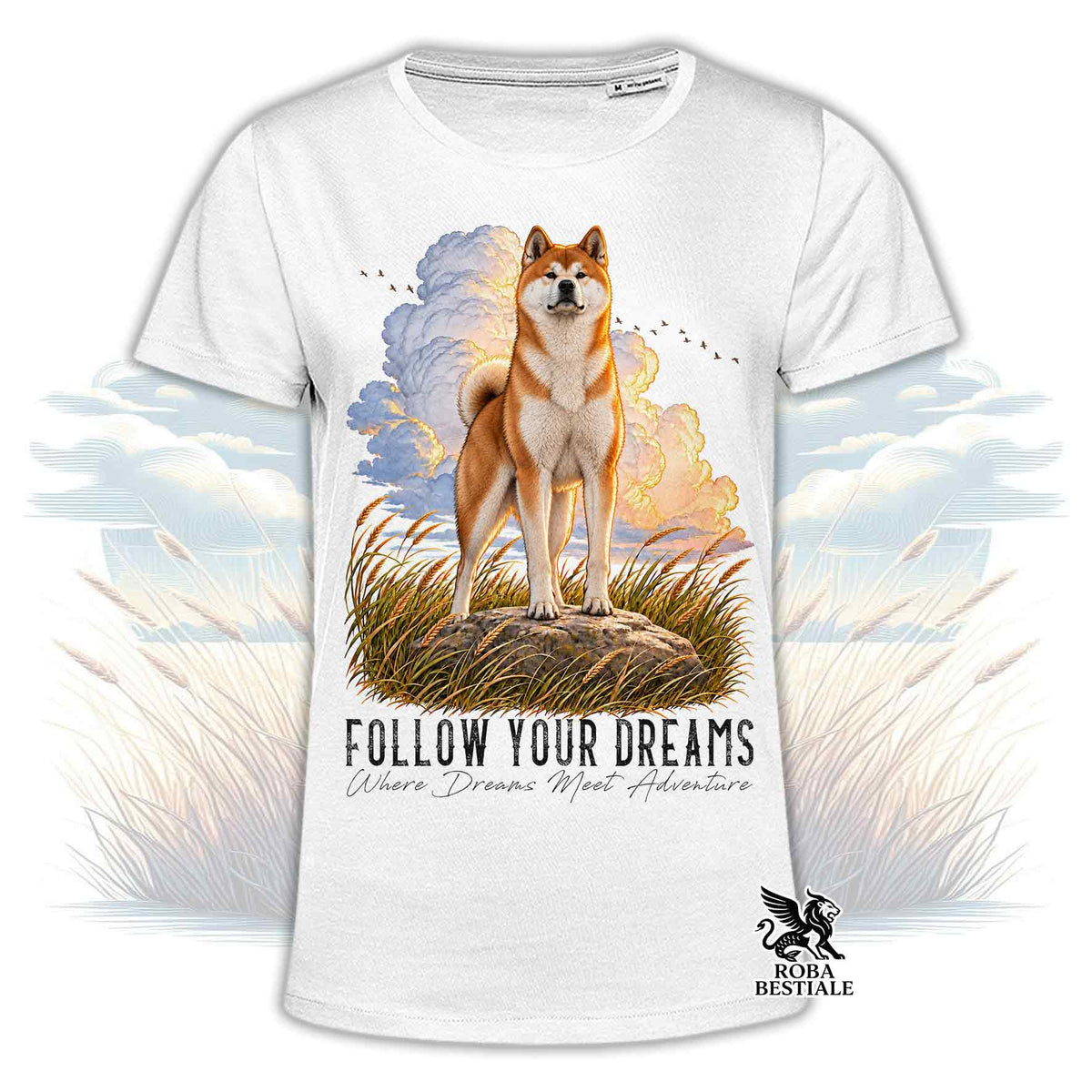 T-shirt bianca stampata con un Akita Inu. Grafica originale Roba Bestiale, collezione Dream
