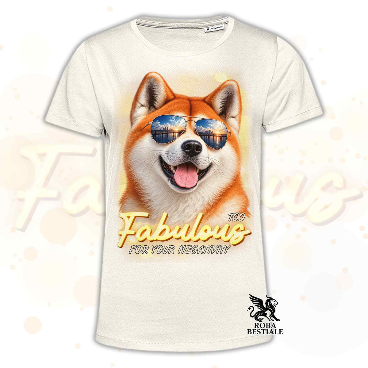 T-shirt bianca con grafica cane Akita, occhiali blu e scritta Fabulous