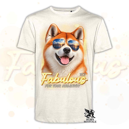 T-shirt bianca con stampa cane Akita che sorride con occhiali da sole