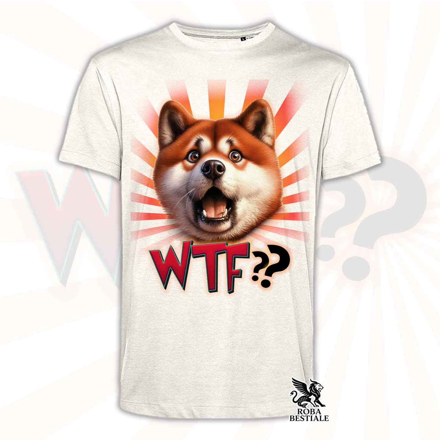 T-shirt beige stampata con un Akita Inu con espressione sorpresa. Grafica originale Roba Bestiale, collezione WTF??