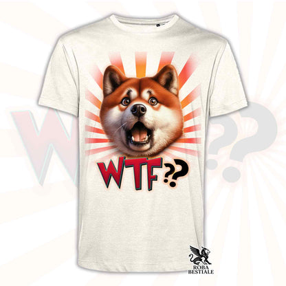 T-shirt beige stampata con un Akita Inu con espressione sorpresa. Grafica originale Roba Bestiale, collezione WTF??