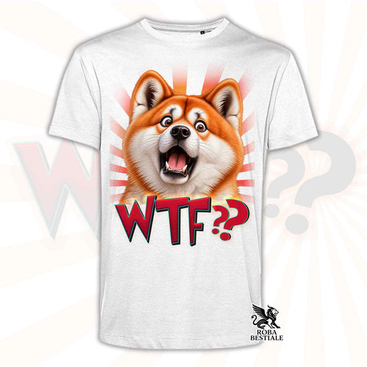 Maglietta bianca con stampa testa cane arancione e scritta WTF??
