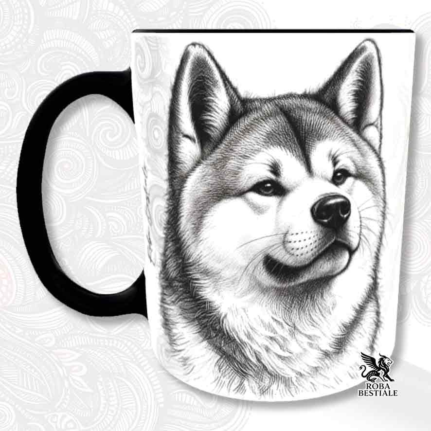 Tazza bianca con stampa ritratto di Akita grigio e manico nero