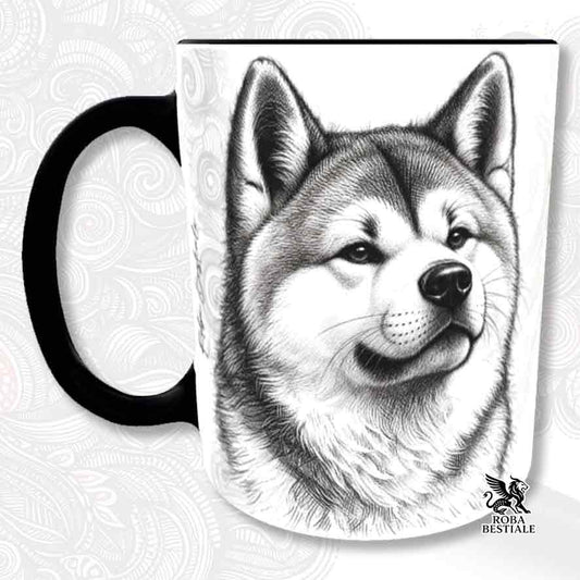 Tazza bianca con stampa ritratto di Akita grigio e manico nero