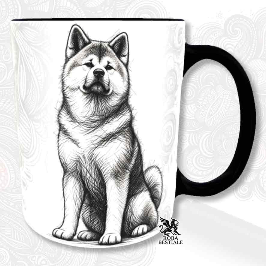 Tazza bianca con stampa cane Akita intero e manico nero