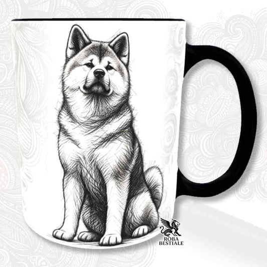 Tazza bianca con stampa cane Akita intero e manico nero