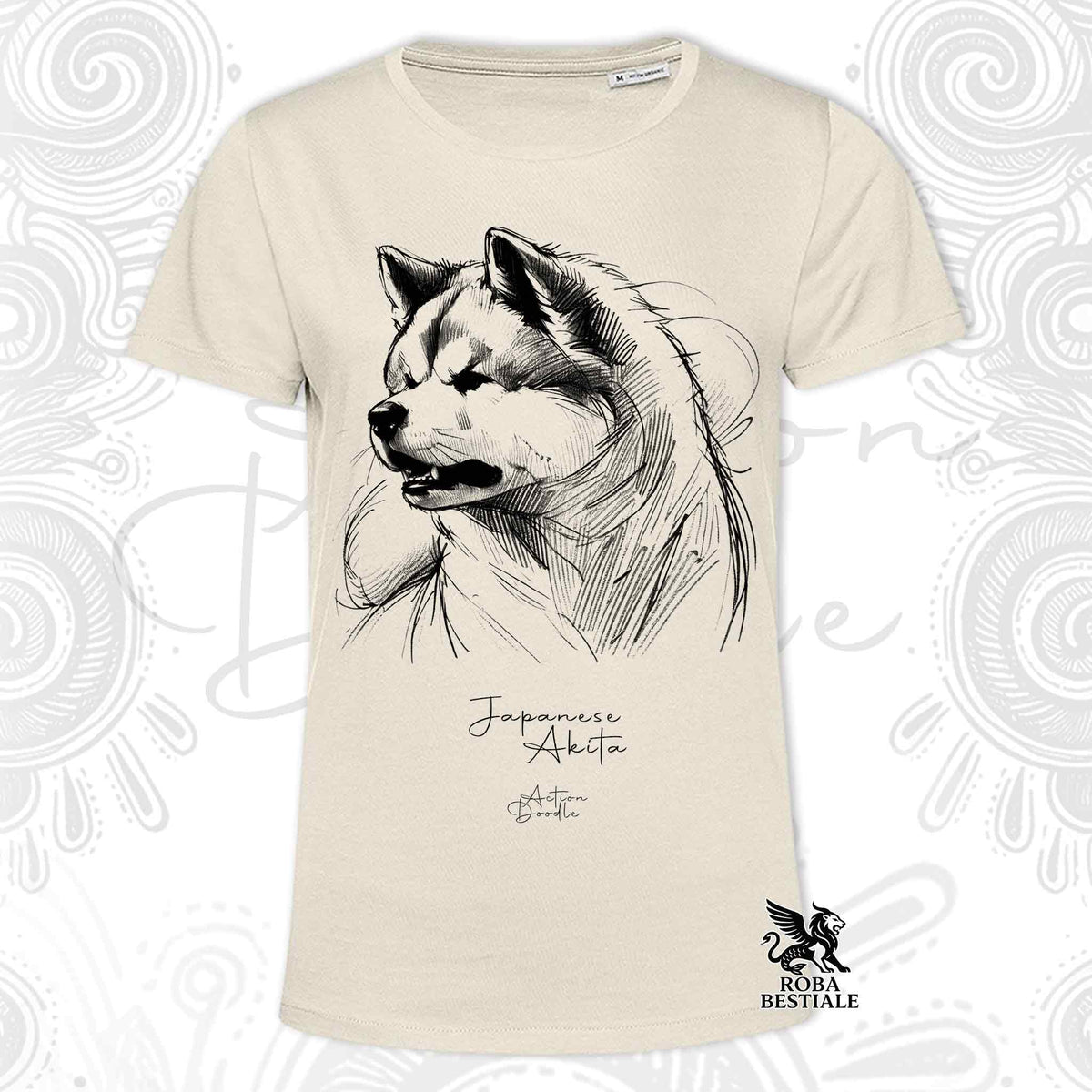 T-shirt beige con stampa Akita e scritta Japanese Akita, logo ROBA BESTIALE