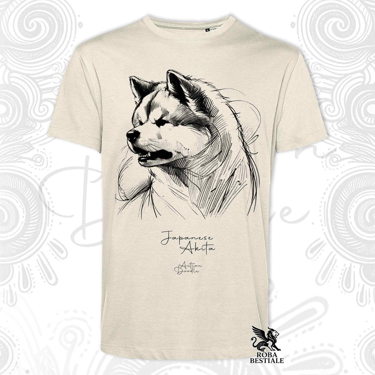T-shirt beige chiaro con stampa Akita e scritta Japanese Akita, logo ROBA BESTIALE