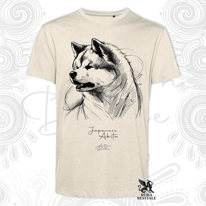 T-shirt beige chiaro con stampa Akita e scritta Japanese Akita, logo ROBA BESTIALE