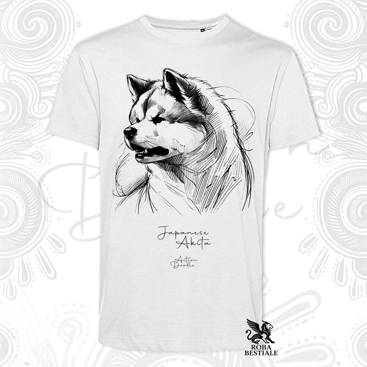 T-shirt bianca con stampa Akita e scritta Japanese Akita, logo ROBA BESTIALE