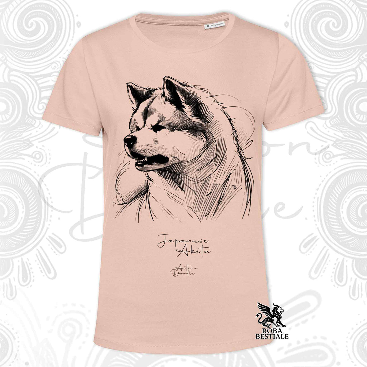 T-shirt soft rose con stampa Akita e scritta Japanese Akita, logo ROBA BESTIALE