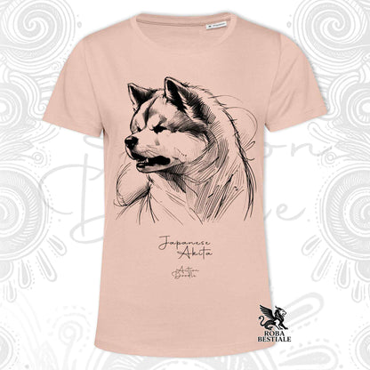 T-shirt soft rose con stampa Akita e scritta Japanese Akita, logo ROBA BESTIALE