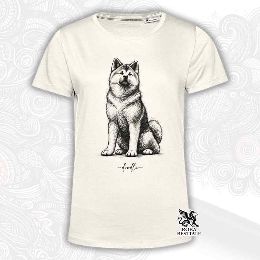 T-shirt chiara con stampa in stile doodle di Akita seduto e logo "ROBA BESTIALE"
