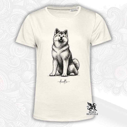 T-shirt chiara con stampa in stile doodle di Akita seduto e logo "ROBA BESTIALE"