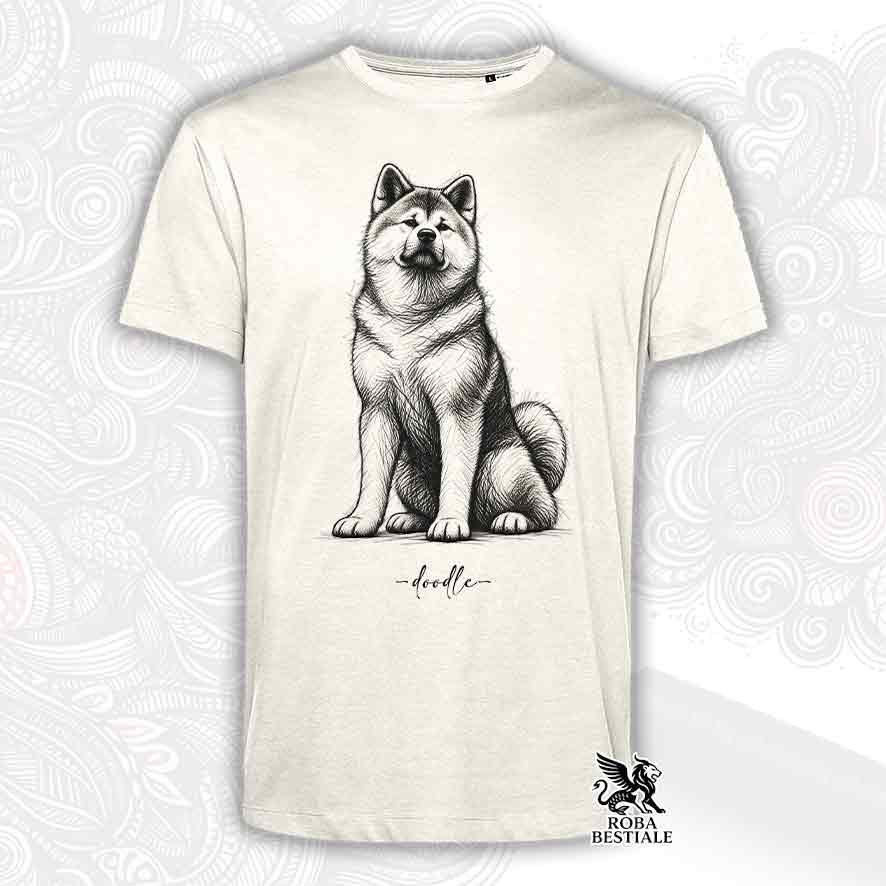 T-shirt off-white con illustrazione di Akita seduto, scritta "doodle" e logo "ROBA BESTIALE"