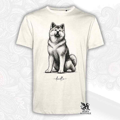 T-shirt off-white con illustrazione di Akita seduto, scritta "doodle" e logo "ROBA BESTIALE"