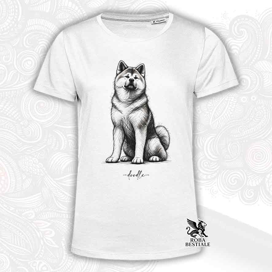 T-shirt bianca con stampa Akita in stile doodle e logo "ROBA BESTIALE" sul fondo